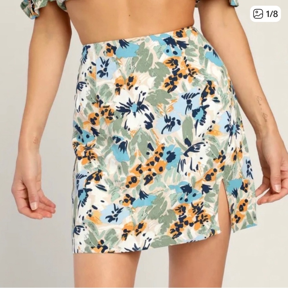 Lulu's Blue and Green Floral Mini Skirt
